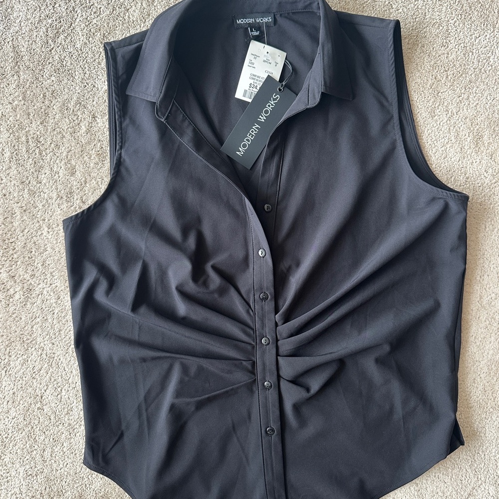 NWT Modern Works Black Sleeveless Ruched Blouse